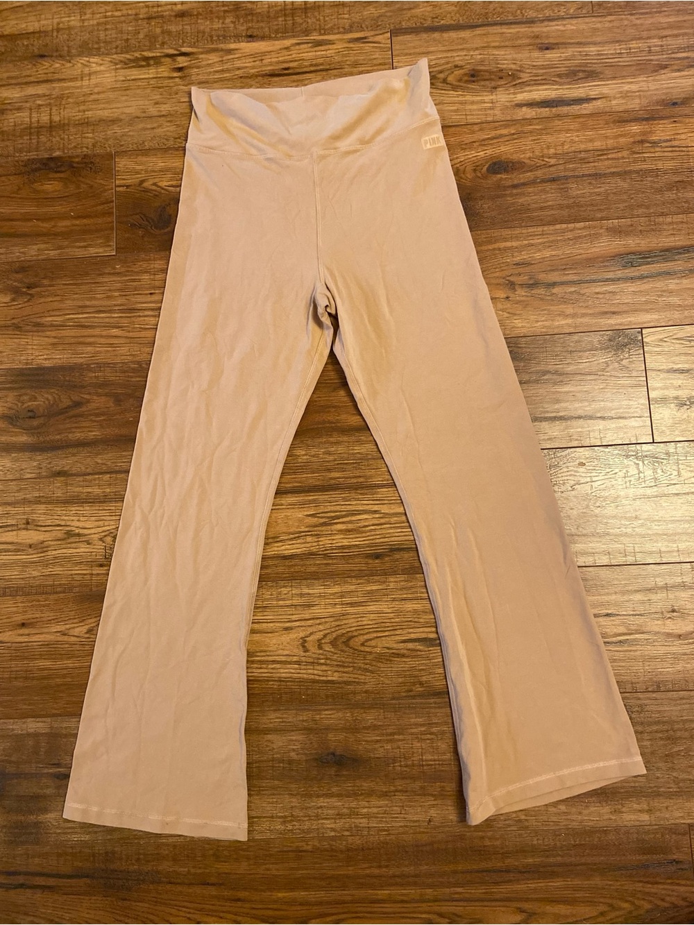 NWT Victoria's Secret PINK flared yoga pants Leggings Wide Waist Band beige tan